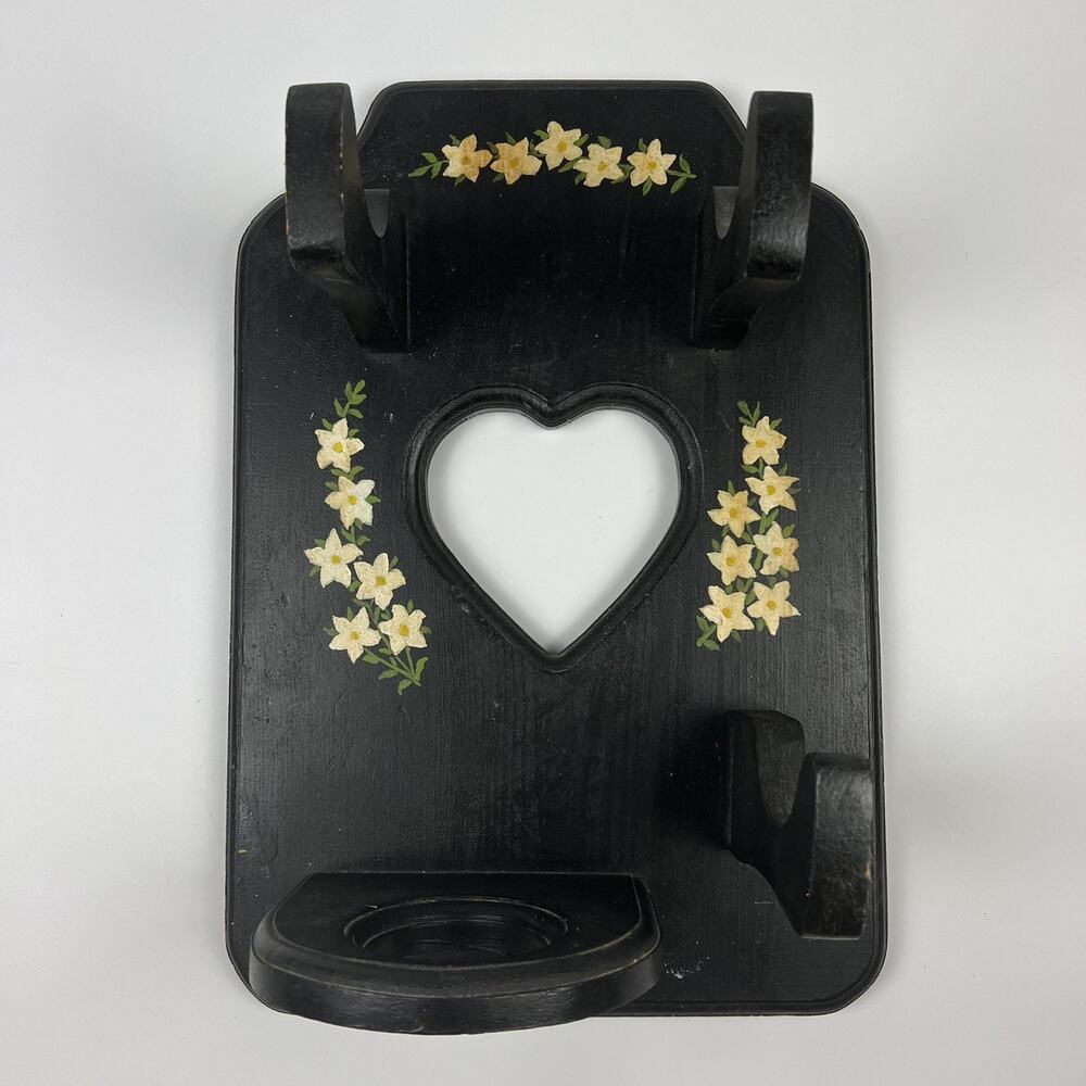 Vintage Wooden Hair Dryer Curling Iron Holder Wall Mount Floral Cottage